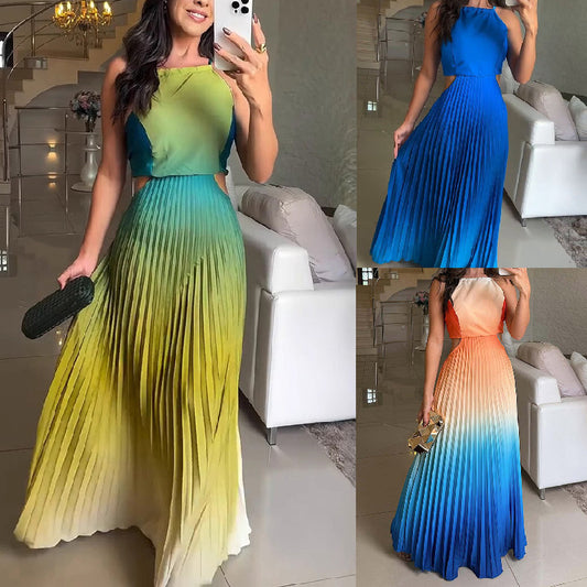New European And American Sleeveless Pleated Backless Gradient Color Dress