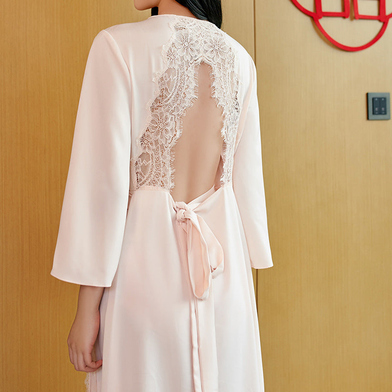 Wedding Dressing Robe Back Hollow Lace Pajamas Wedding Long Homewear