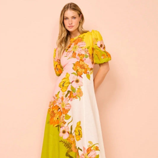 New Printing Fashion Puff Sleeve All-matching Slim Fit Large Swing Dress
