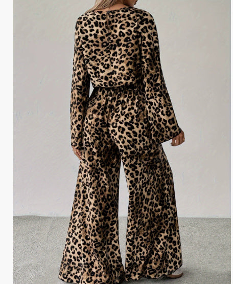 Leopard Print Loose Comfortable Long Sleeve Trousers Two-piece Set