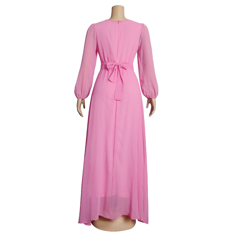 Stitching Round Neck Ladies High Waist Dress