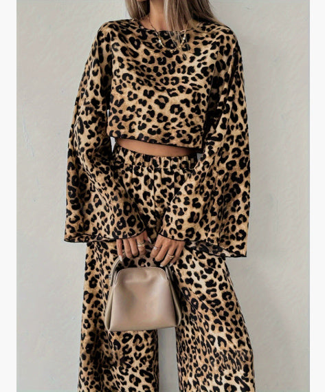 Leopard Print Loose Comfortable Long Sleeve Trousers Two-piece Set