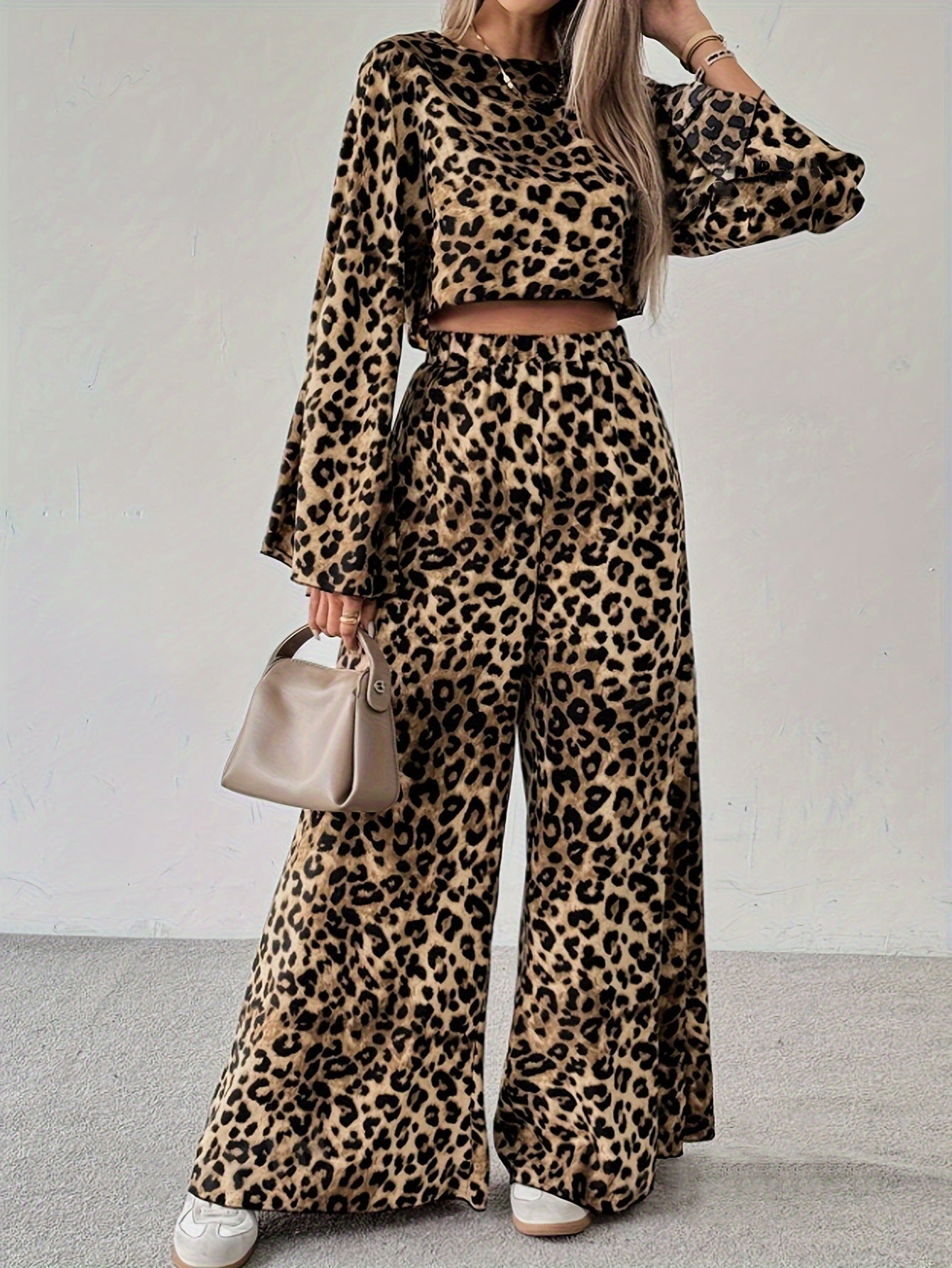 Leopard Print Loose Comfortable Long Sleeve Trousers Two-piece Set