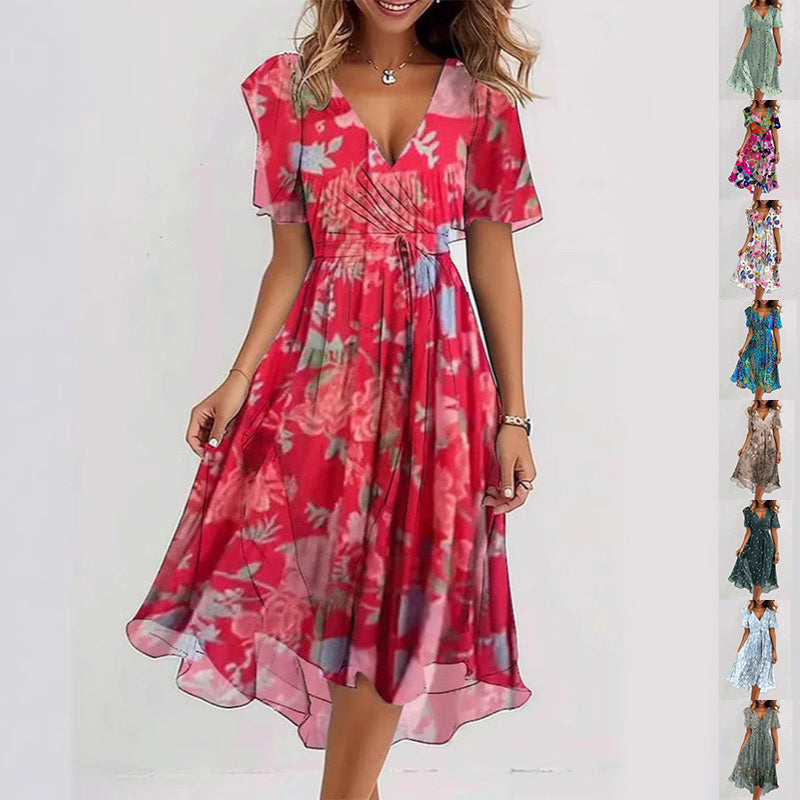 Flowers Printed V-neck Dress Summer A-line Short-sleeved Dresses For Women