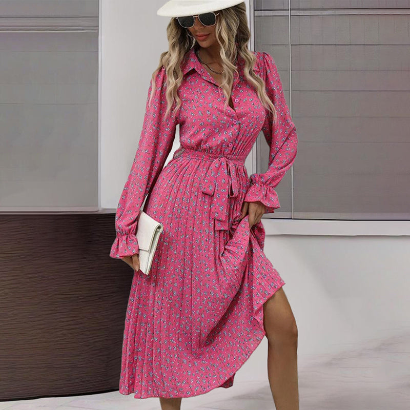 Women's Long Sleeve V Neck Button Down Belted A-Line Flowy Midi Shirt Dress