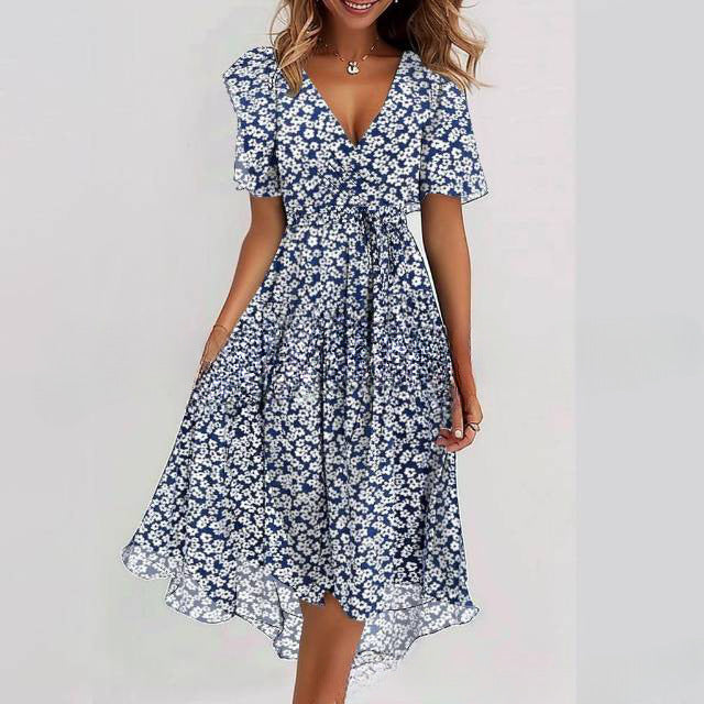 Flowers Printed V-neck Dress Summer A-line Short-sleeved Dresses For Women