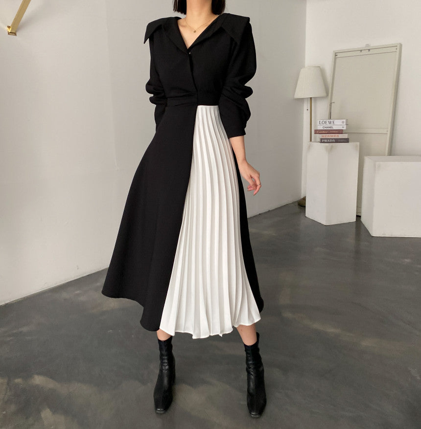 French Hepburn Contrast Long Elegant Dress