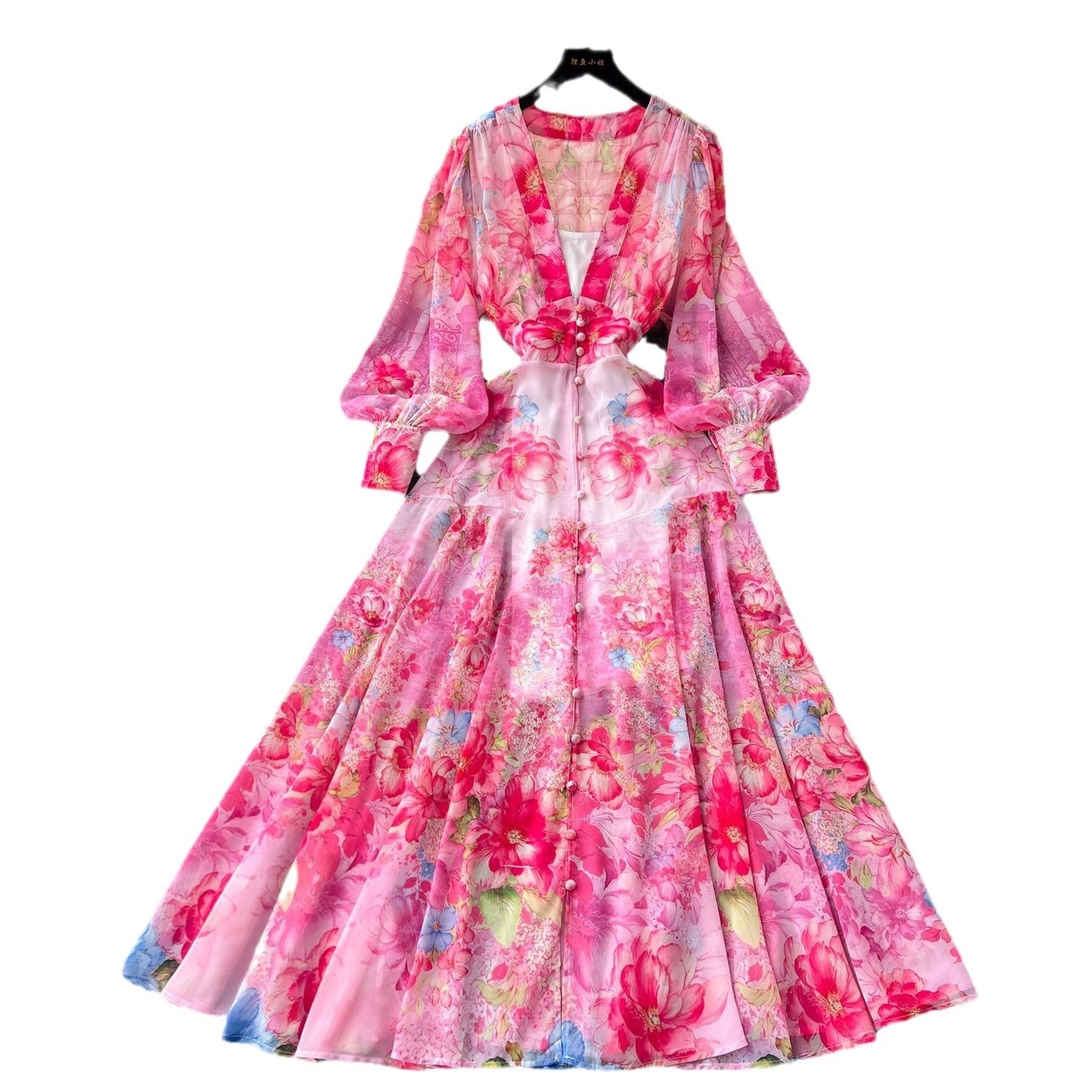 Women's French Retro Deep V-neck Waist Trimming Printing Chiffon Vacation Skirt