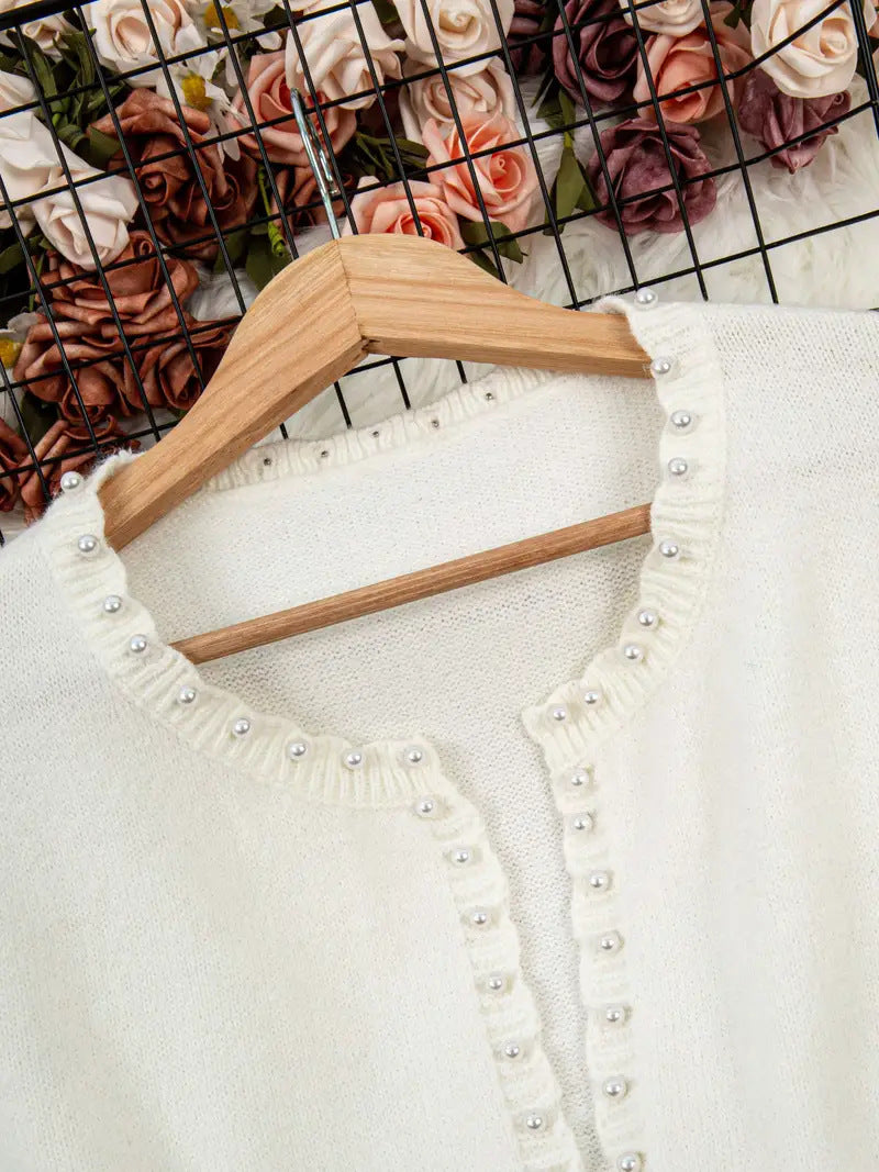 Solid Color Pearl Trim Long Sleeve Cardigan Plus Size Knitwear