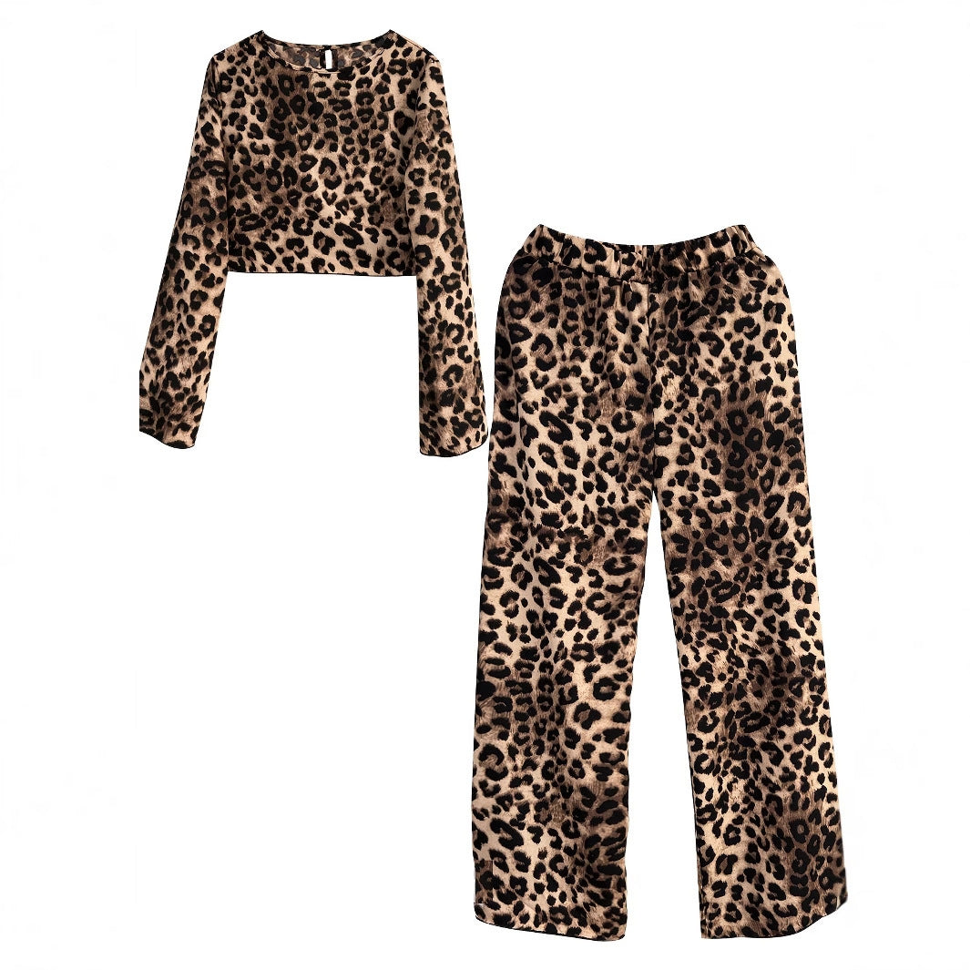 Leopard Print Loose Comfortable Long Sleeve Trousers Two-piece Set