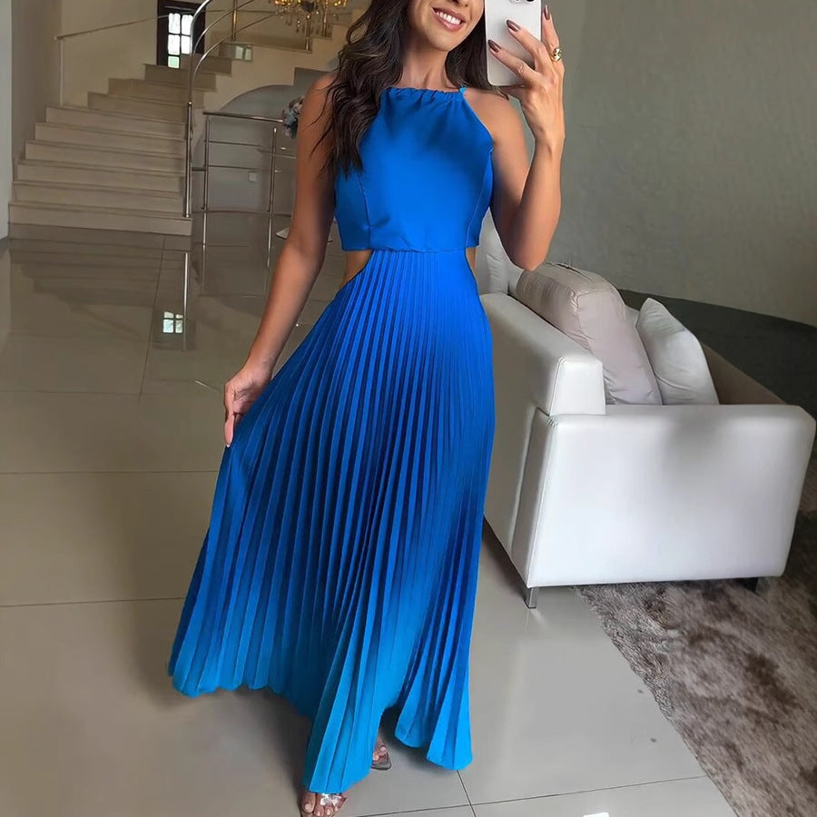 New European And American Sleeveless Pleated Backless Gradient Color Dress
