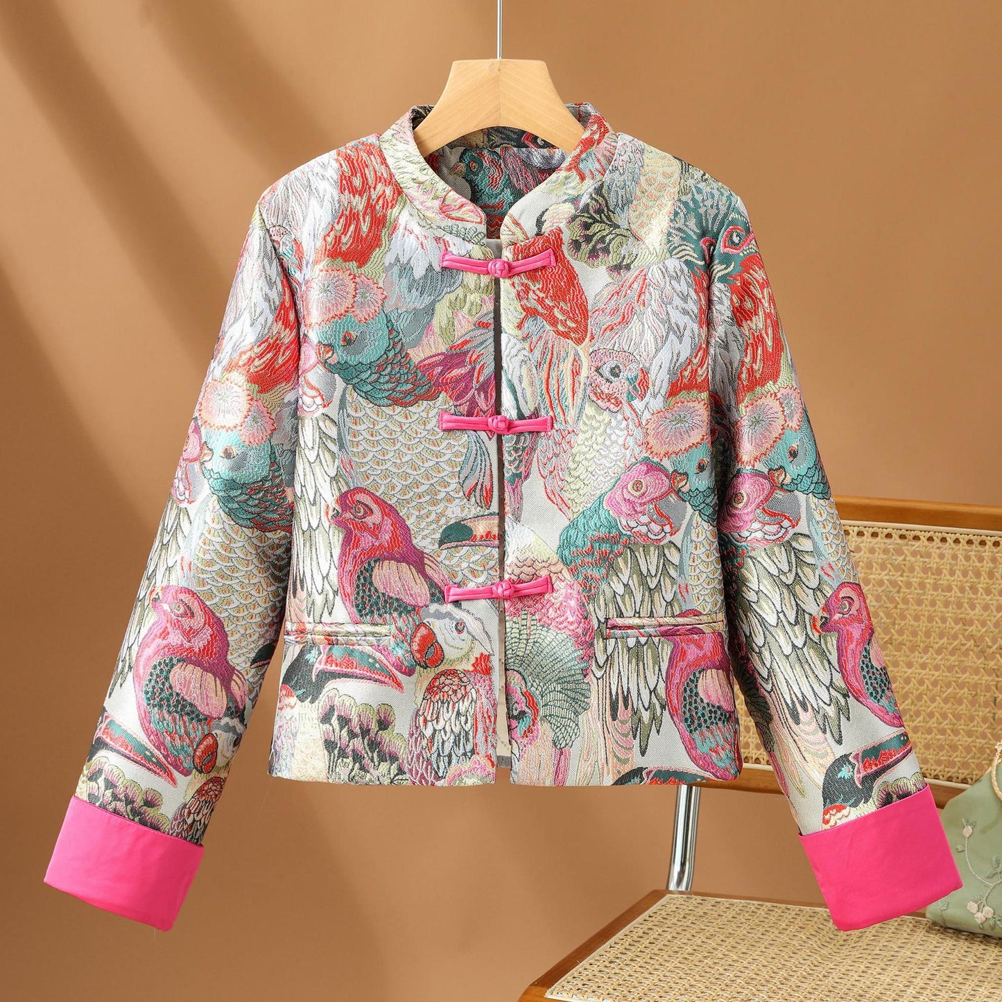 For The Sake Of Beauty Jacquard Buckle Round Neck Vintage Coat