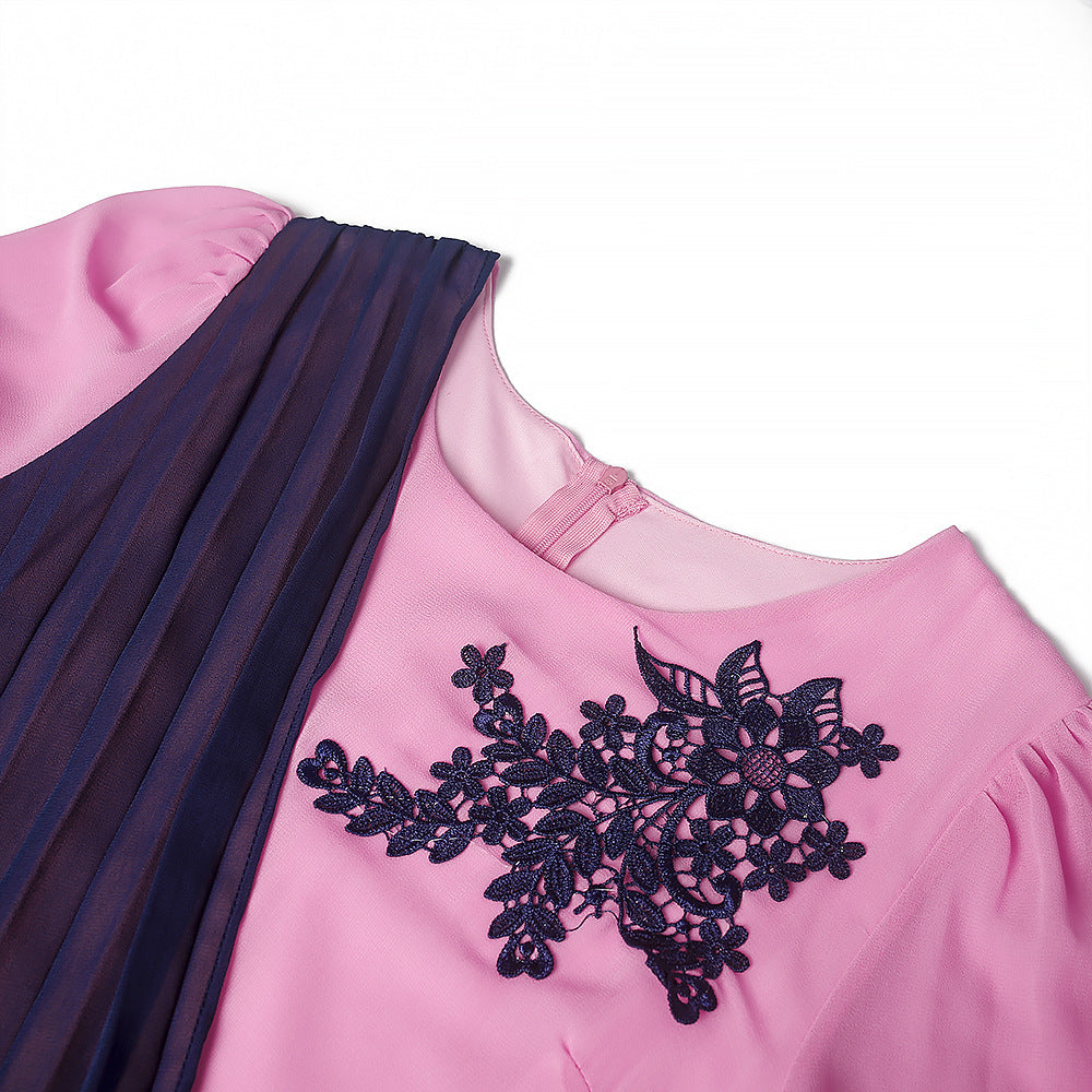 Stitching Round Neck Ladies High Waist Dress