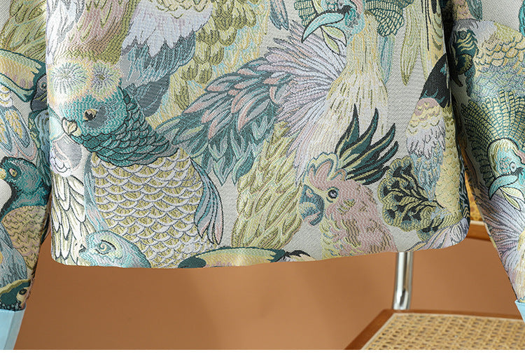 For The Sake Of Beauty Jacquard Buckle Round Neck Vintage Coat