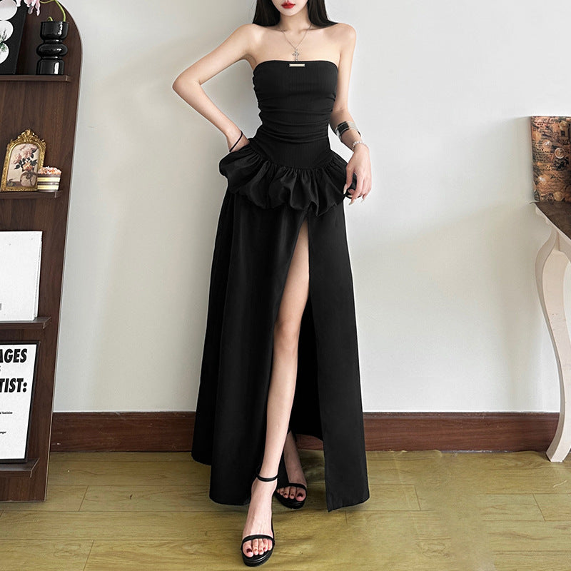 New Women's Solid Color Slim-fit High Waist Fashion Off-neck Split Dress