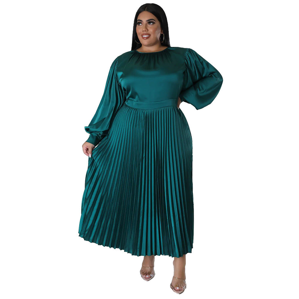 Pleated Round-neck Long Dress Women