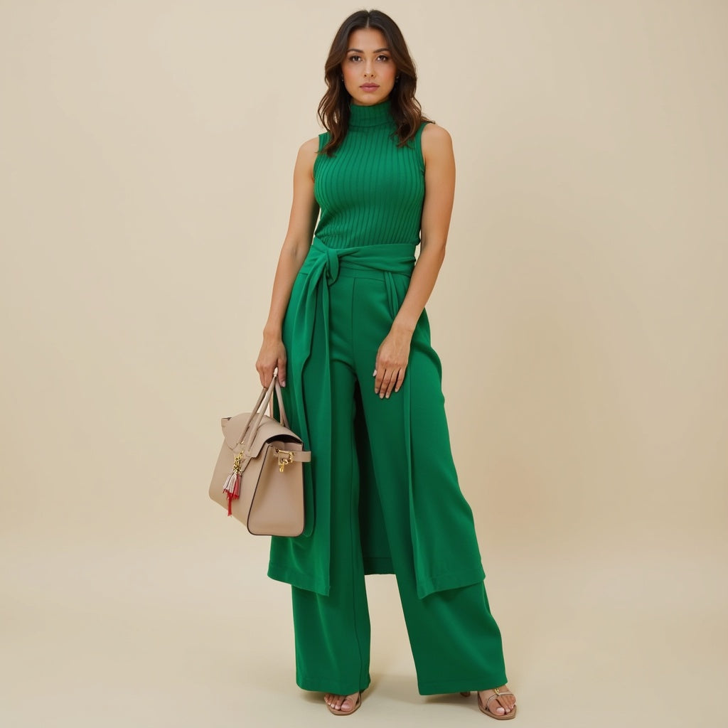 "Chic & Comfortable: 3-Piece Solid Turtleneck Tank Top & Wide Leg Set"