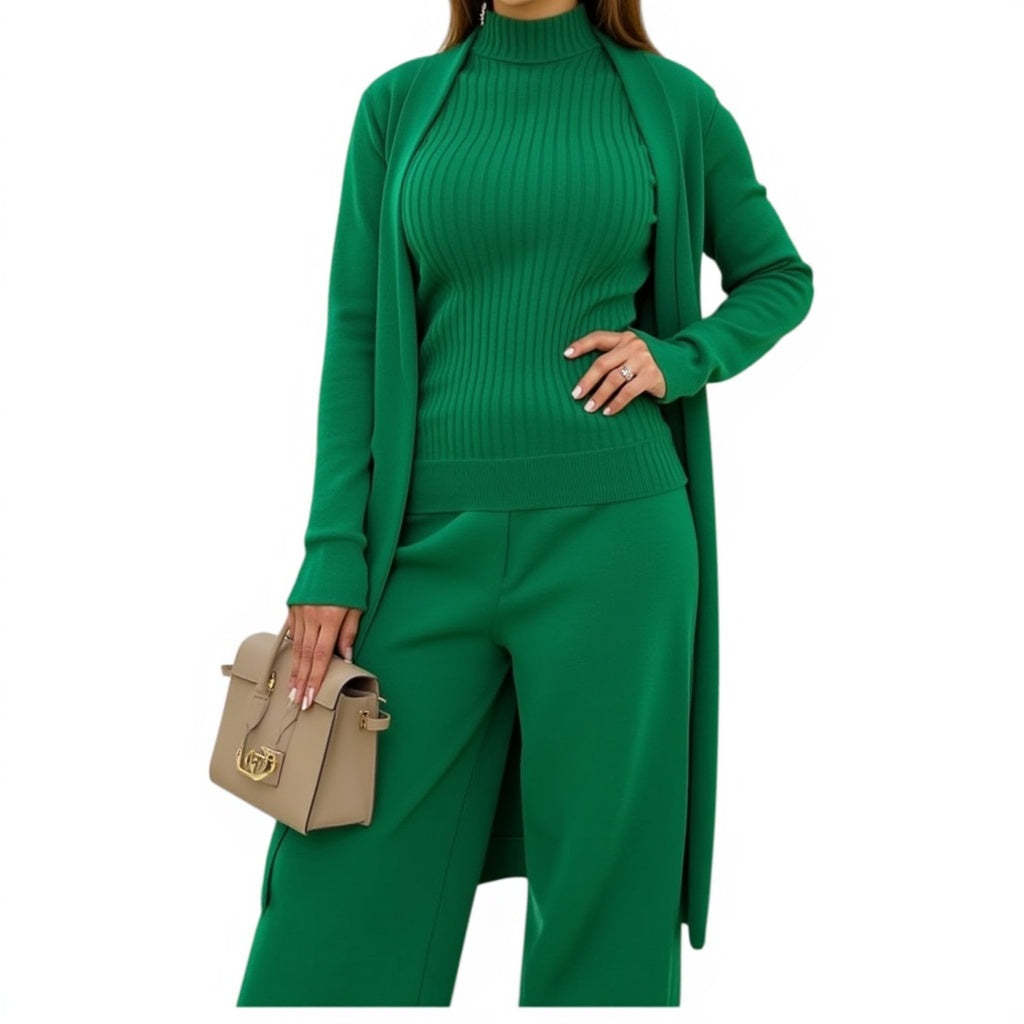 "Chic & Comfortable: 3-Piece Solid Turtleneck Tank Top & Wide Leg Set"